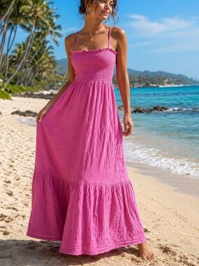 Raviya women’s Pink Smocked Maxi swim Dress size Large Boho Cotton Sundress NWT